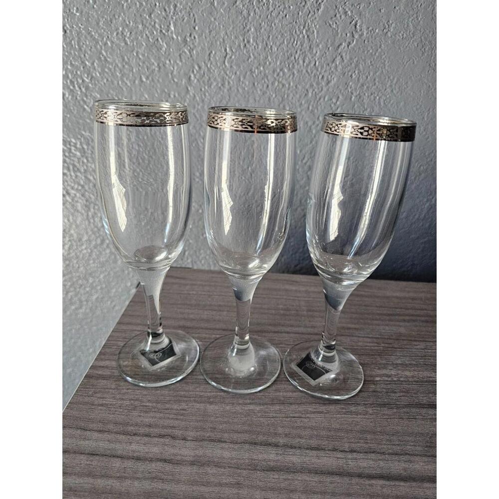 (3) Wine Glass Circle Ware Classique 7.5" Platinum Flute Clear made in Turkey